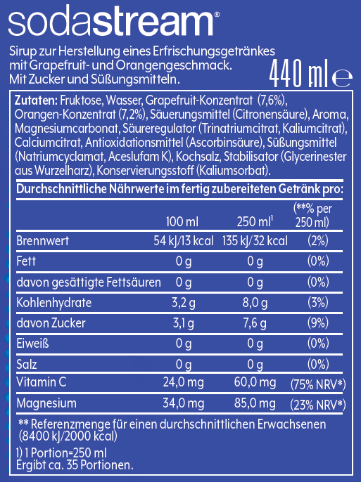 Nährwertangaben auf einer Sodastream-Sirupflasche.