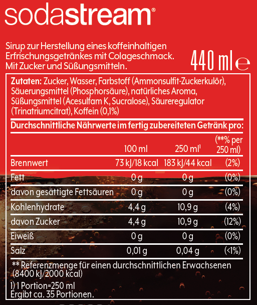 Ein Sodastream-Flaschenetikett mit deutschem Text. Es zeigt Zutaten und Nährwertangaben.