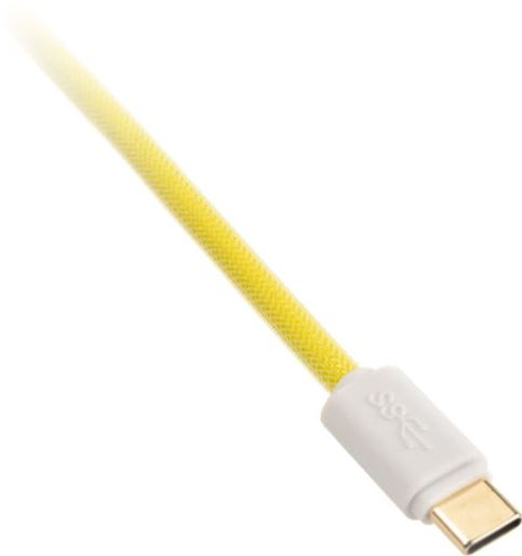 Ein gelbes USB-C-Kabel mit weißem Stecker vor weißem Hintergrund, nach oben gewinkelt.