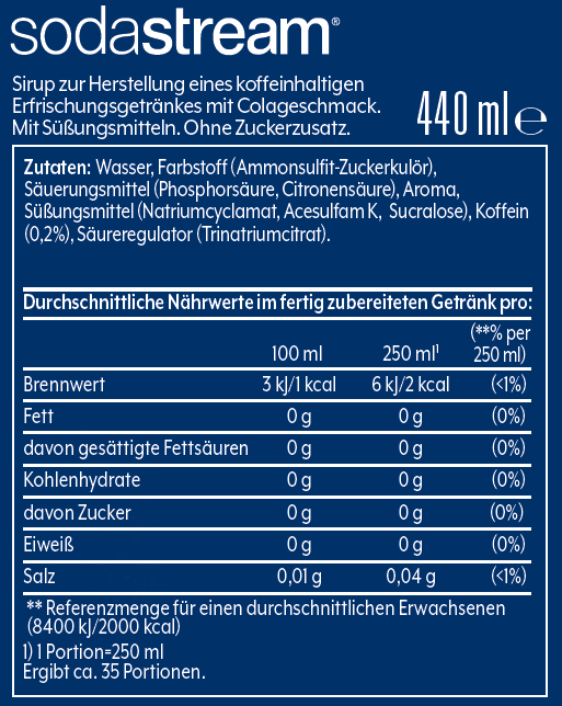 Ein blaues und weißes Getränkeflaschenetikett mit Nährwertangaben.