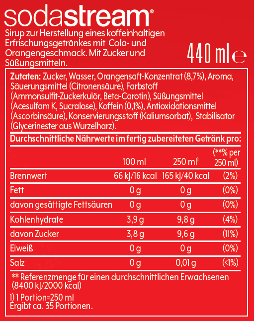 Nährwertinformationen eines Sodastream-Produkts. Der Text ist auf Deutsch.