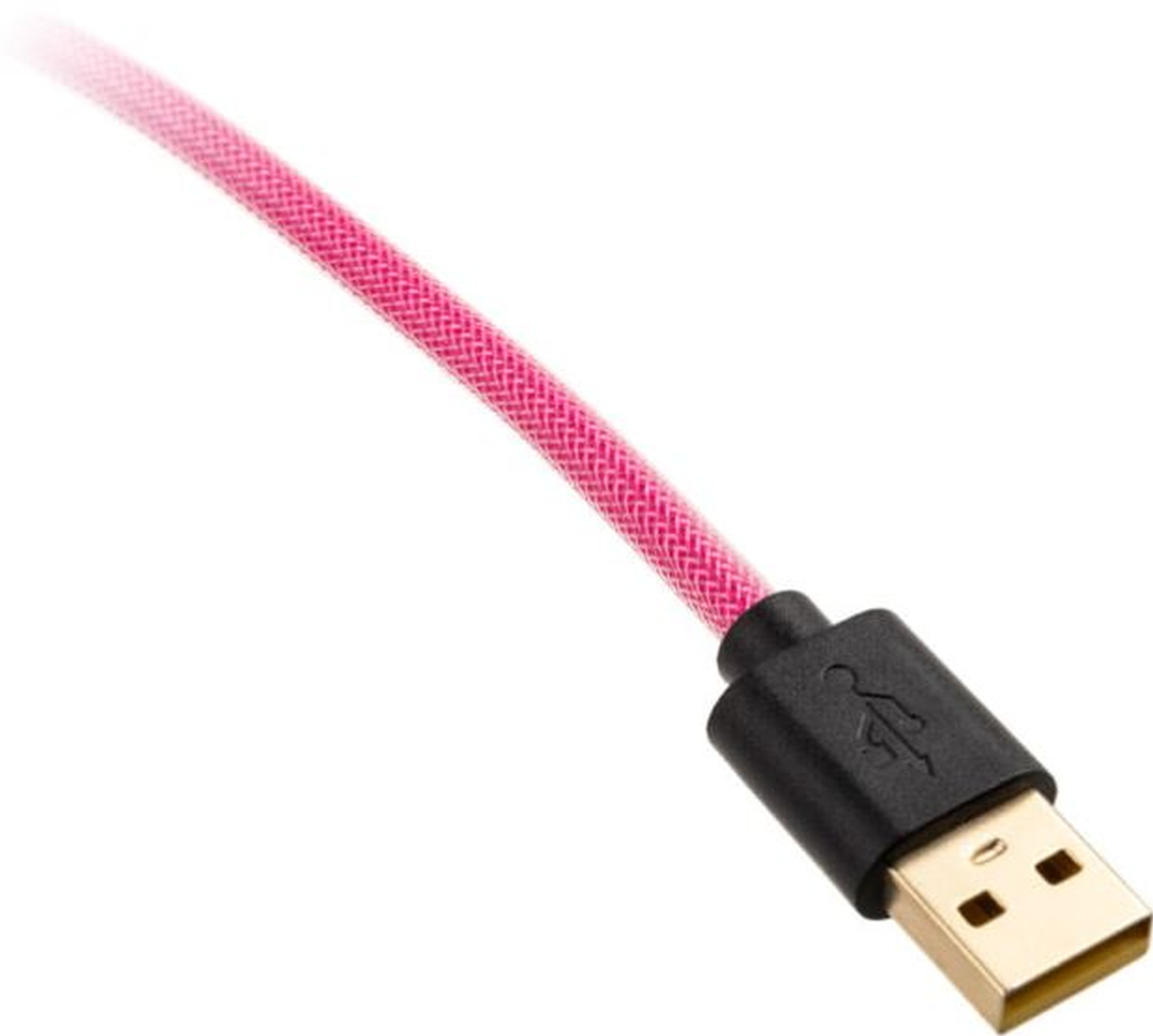 Un câble USB rose et noir, avec l'extrémité USB branchée.