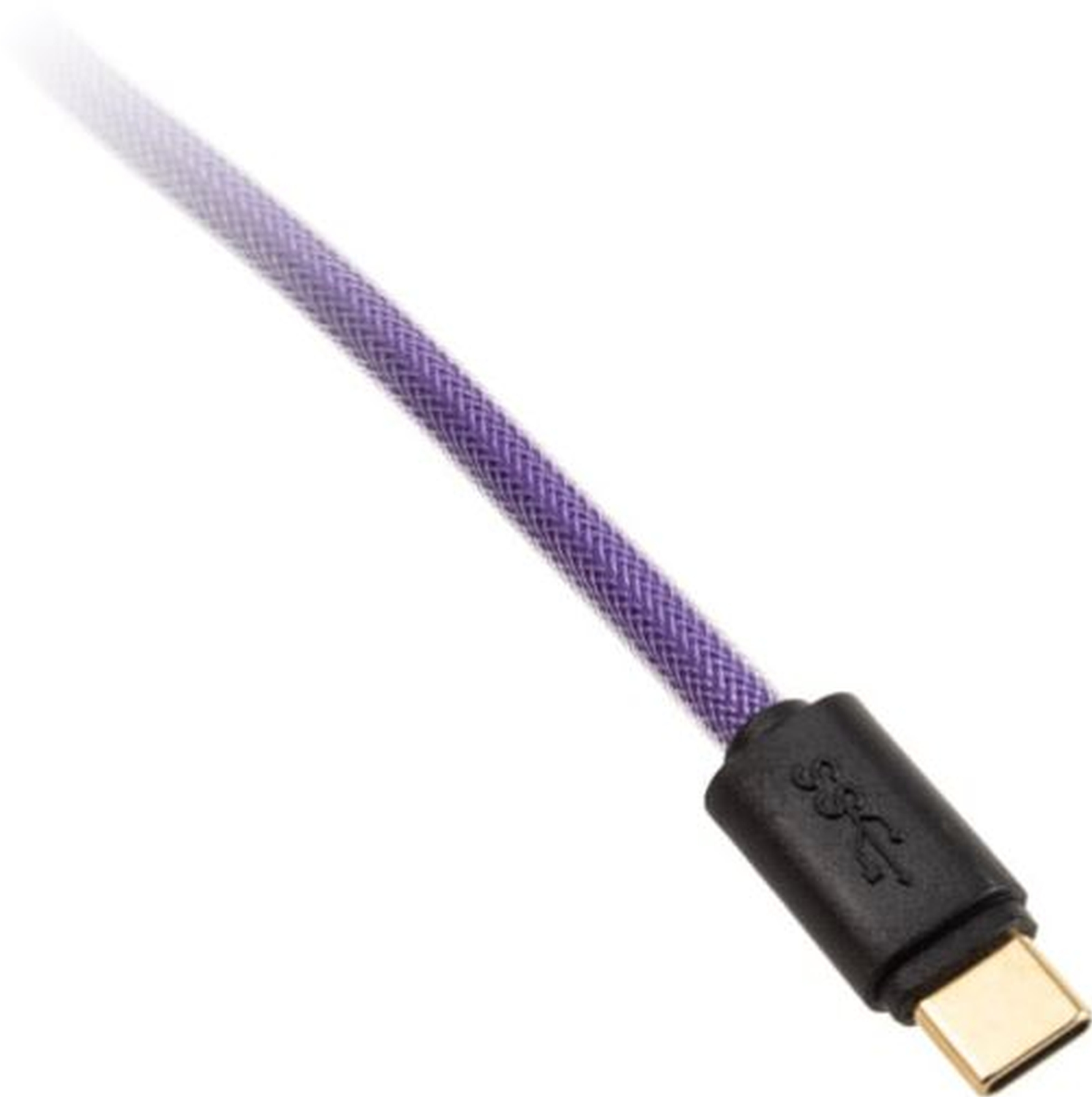 Un câble USB-C violet et noir. Il est incliné et possède un connecteur noir avec le logo USB-C.