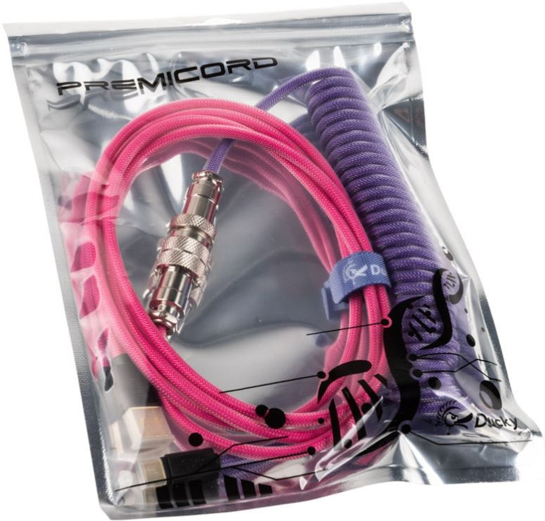Sac plastique transparent avec câble spiralé violet et rose et connecteur. Logo Ducky.