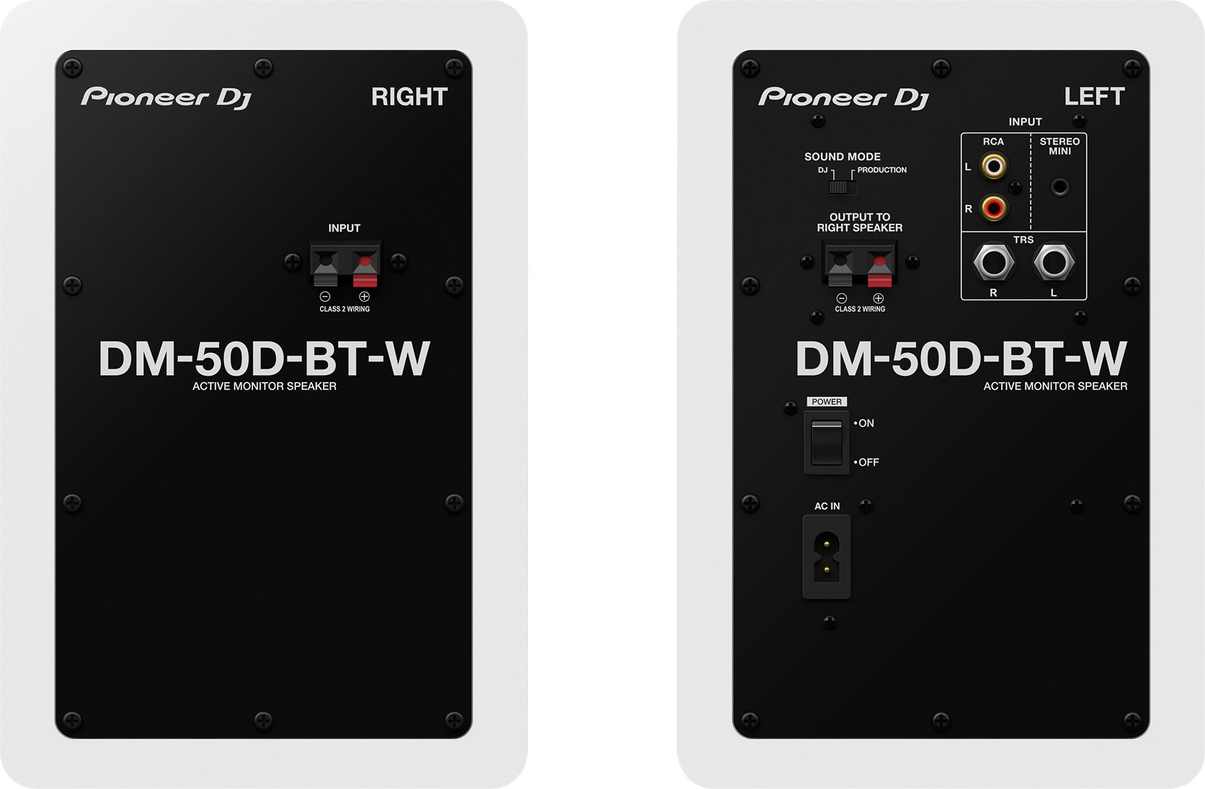 Twee witte actieve monitorluidsprekers, met achterkantdetails.