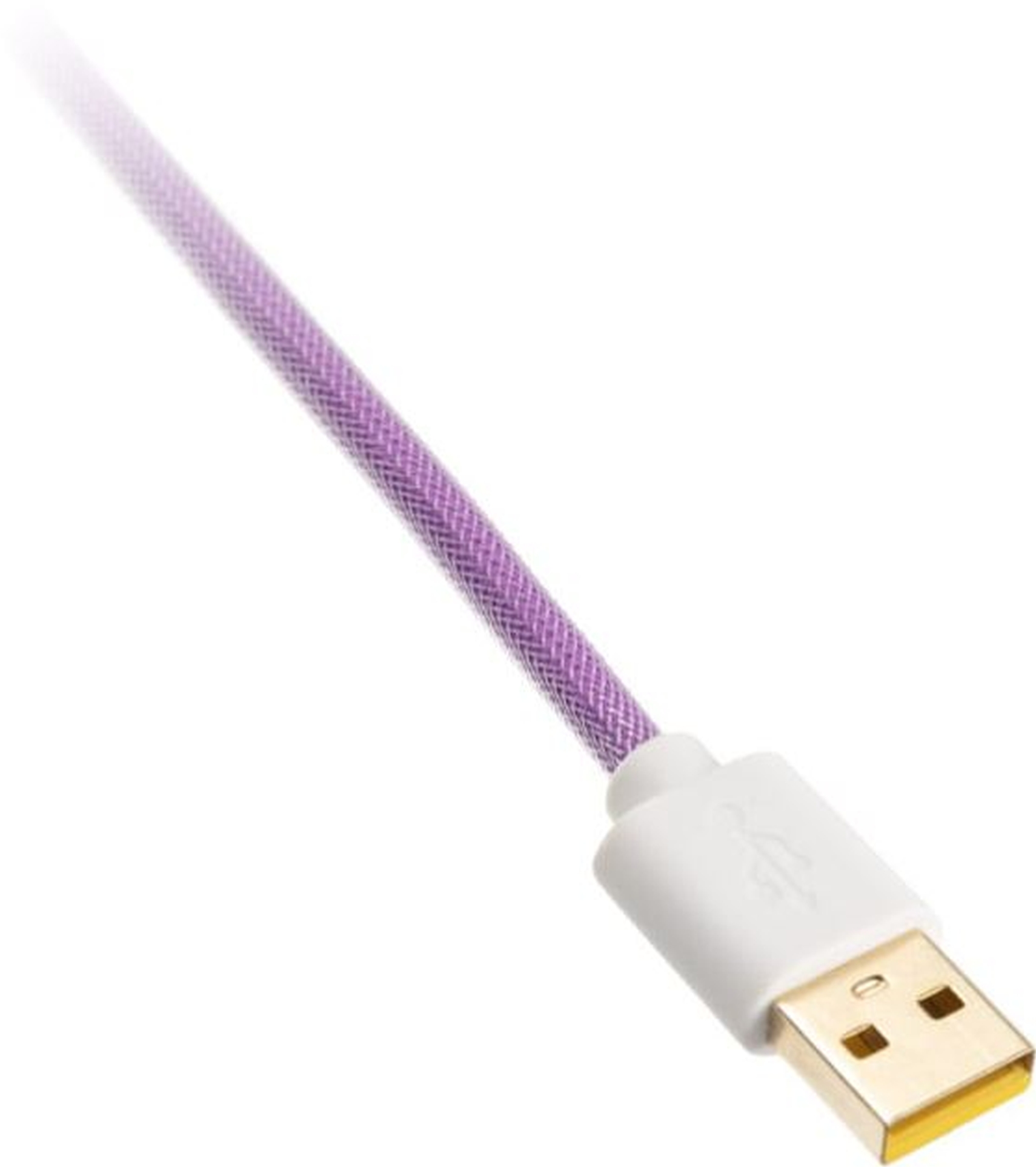 Ein lila-weißes USB-Kabel mit einem USB-Anschluss.