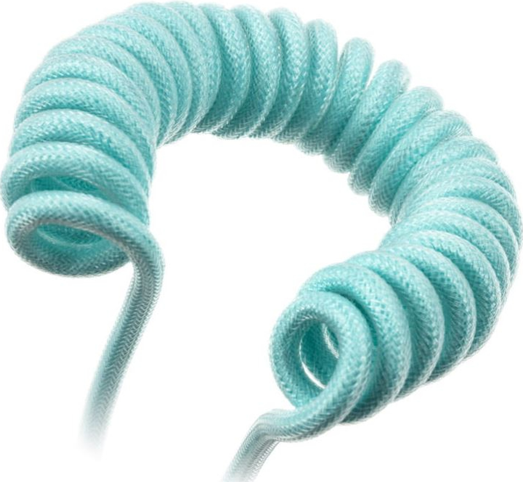 Ein gewendeltes hellblaues Kabel.