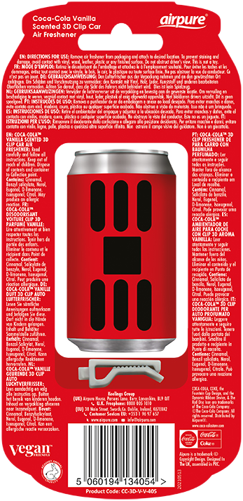 Coca-Cola vanília légfrissítő hátulja, piros-fehér dizájnnal.