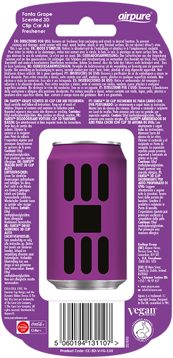 A Fanta szőlő illatú autóillatosító hátulja. Egy lila, konzervdoboz alakú design.