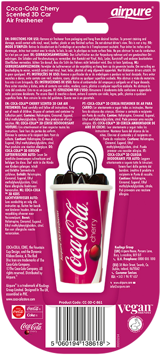 Coca-Cola Cherry légfrissítő csomag, termék részletekkel és használati utasítással.