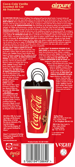 Coca-Cola Vanilla légfrissítő csomagolása. Piros bögre vaníliával.