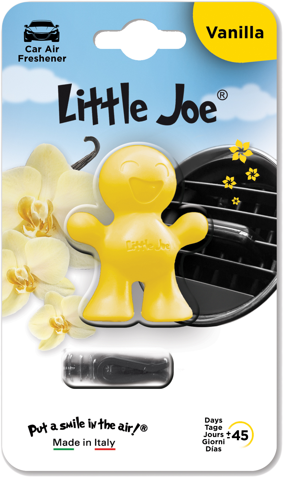 Egy Little Joe autóillatosító sárga színben, vanília illattal. A háttér fehér és kék.