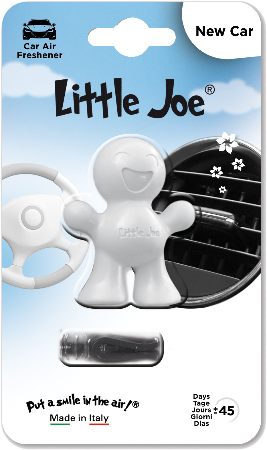 Autó illatosító csomagolásban, fehér mosolygó figura, Little Joe felirattal.