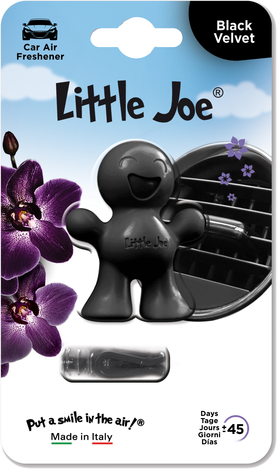 Fekete Little Joe autóillatosító. Mosolygó figura lila virágokkal és szellőzővel.
