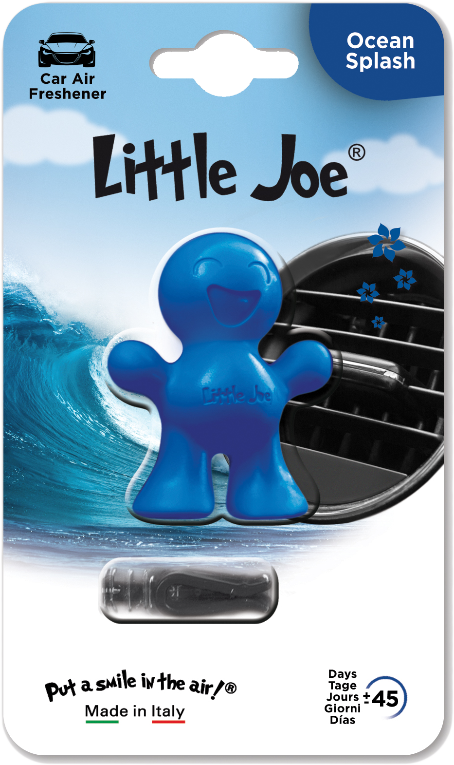 Kék Little Joe autóillatosító csomagolásban, mosolygó arccal és hullámmal.