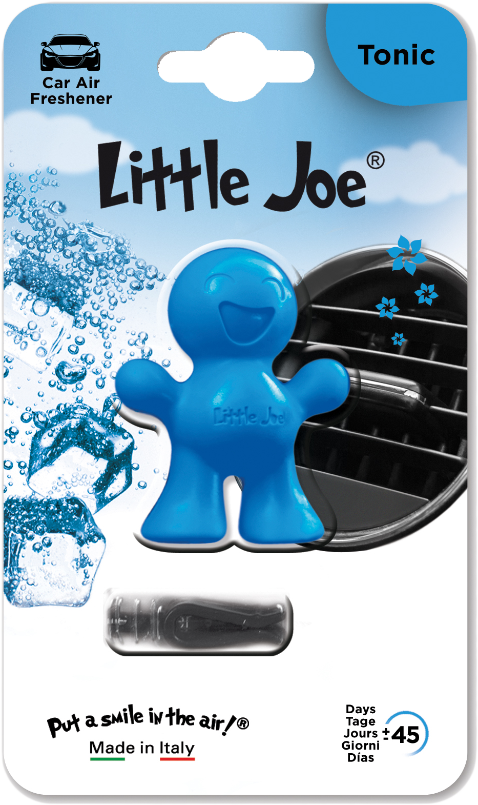 Kék Little Joe autóillatosító. Egy mosolygó figura, egy fekete szellőzőnyílás és egy átlátszó folyadéktartály látható.