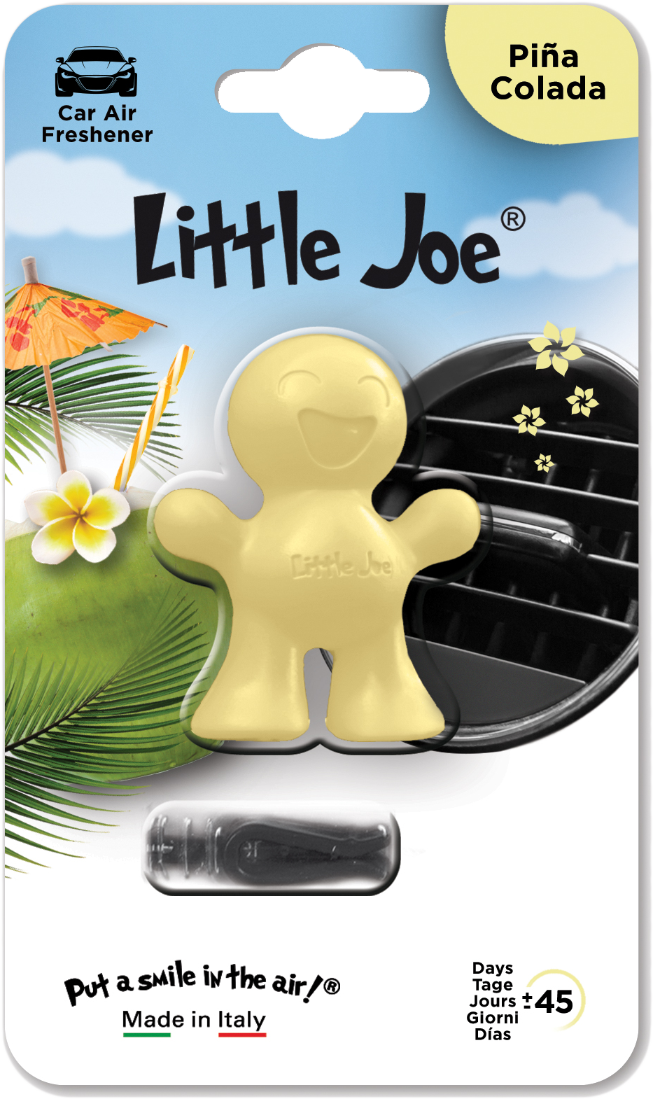 Sárga légfrissítő, Little Joe figurával, műanyag csomagolásban.