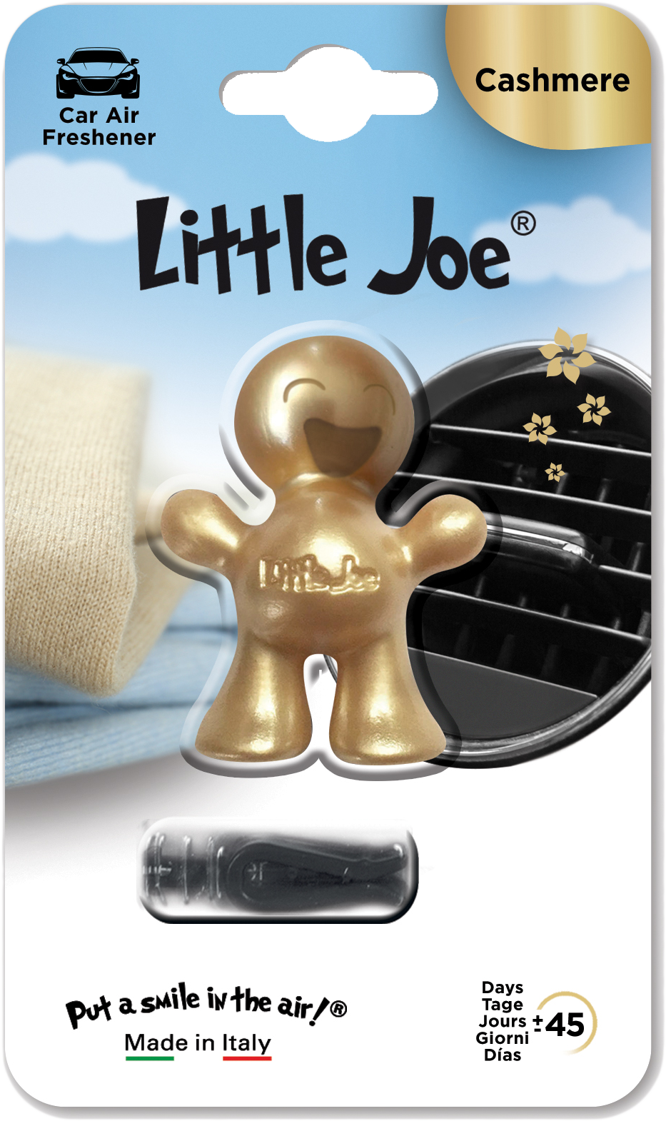Little Joe autóillatosító, arany figura, csomagolással és szöveggel.