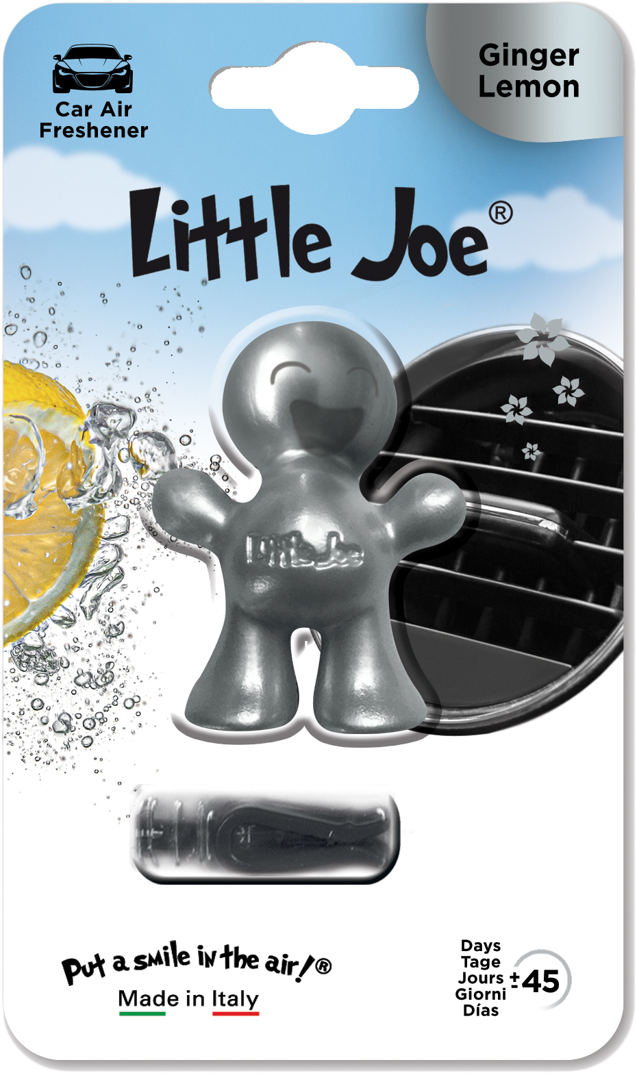 Little Joe autóillatosító csomagolása. Ezüst figura, fekete szellőzőnyílás, citromszelet és víz.