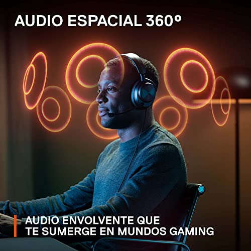 Una persona con auriculares, con ondas de sonido alrededor de su cabeza. Superposición de texto en español.