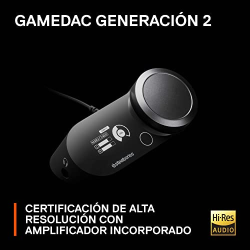 Un dispositivo negro con control de volumen, con texto de certificación.