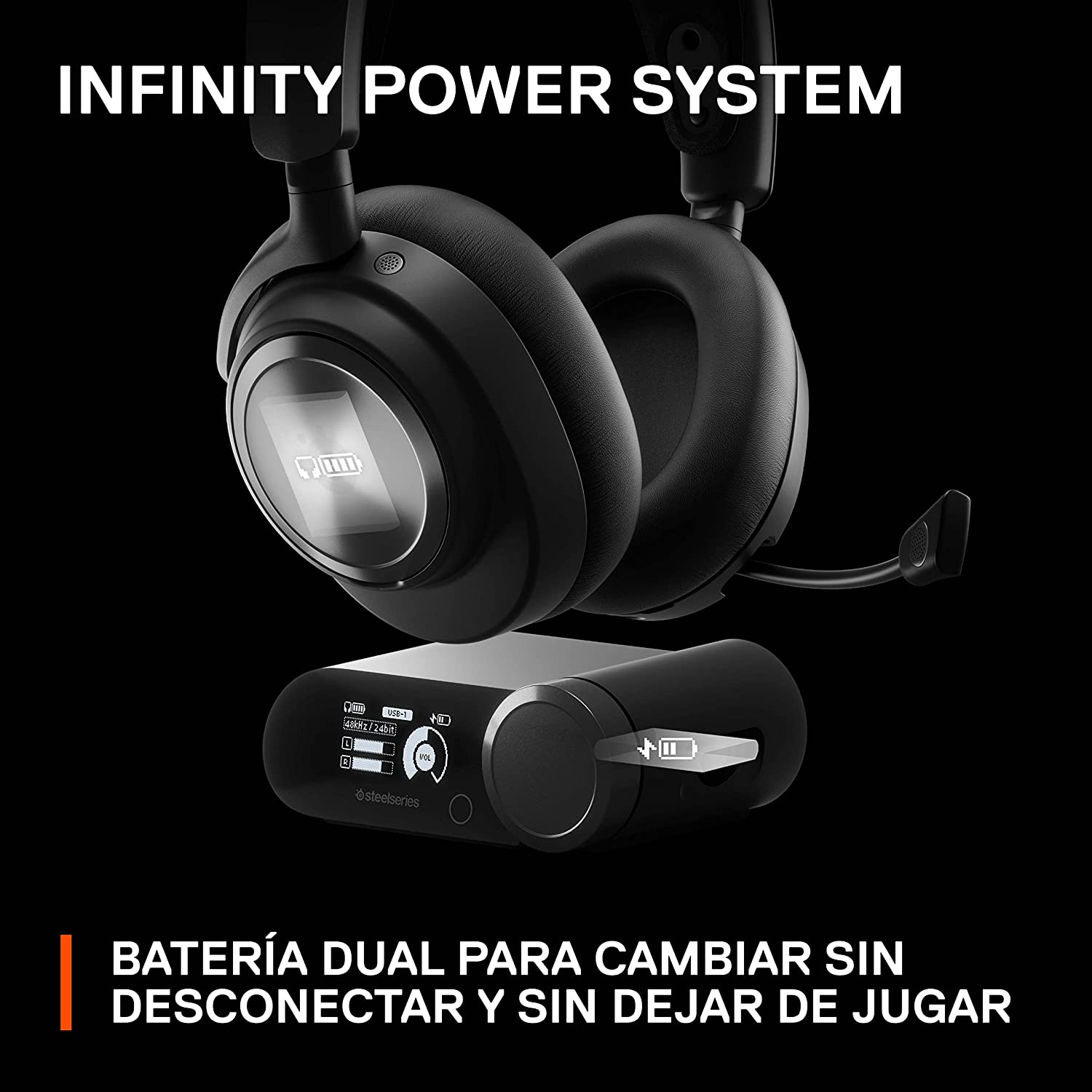 Auriculares gaming negros con base de carga, texto: Infinity Power System, batería dual.