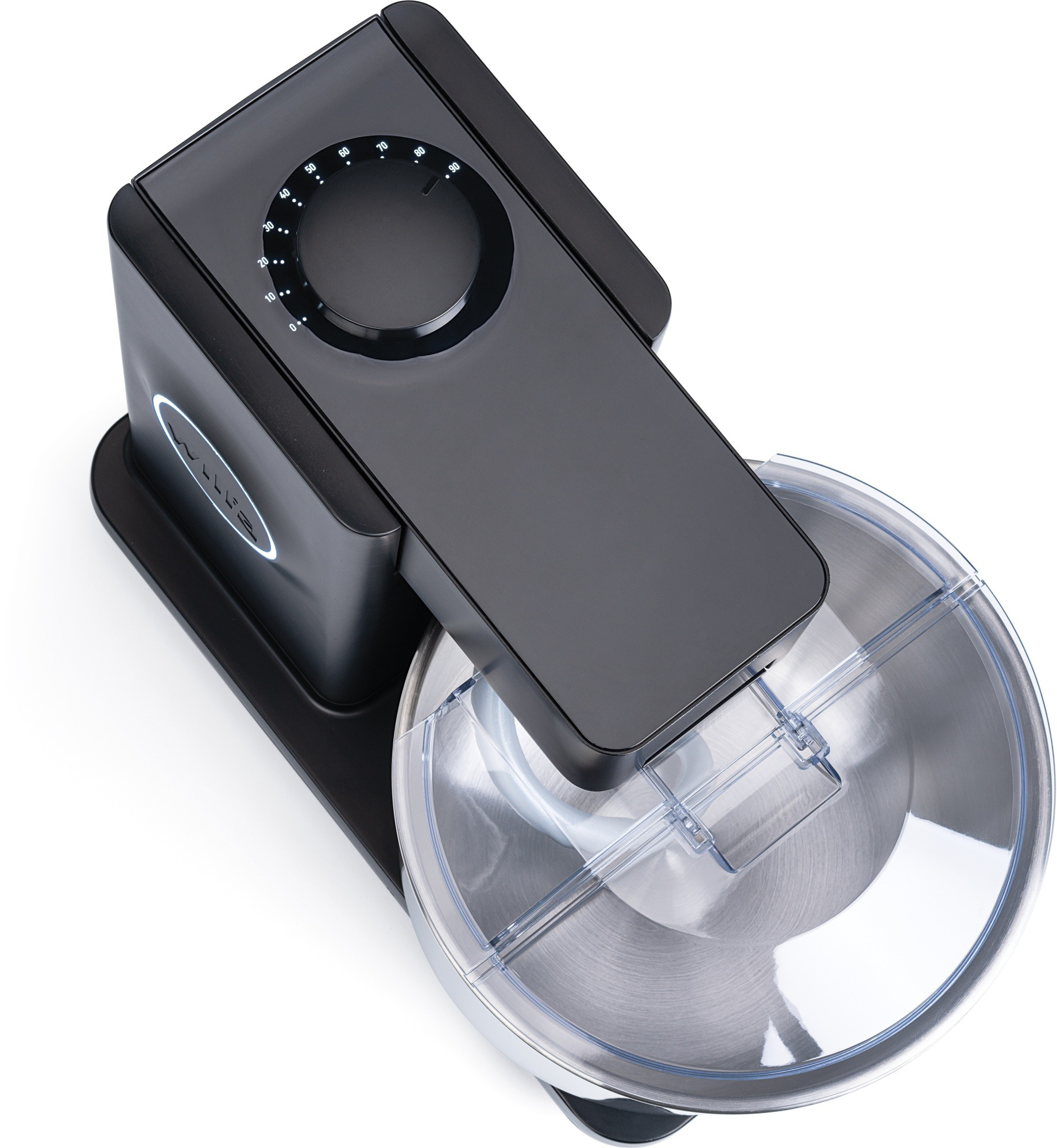 Schwarzer Küchenmixer mit einer Schüssel vorne. Die Oberseite hat ein Drehzahlrad und ein gebogenes Design.