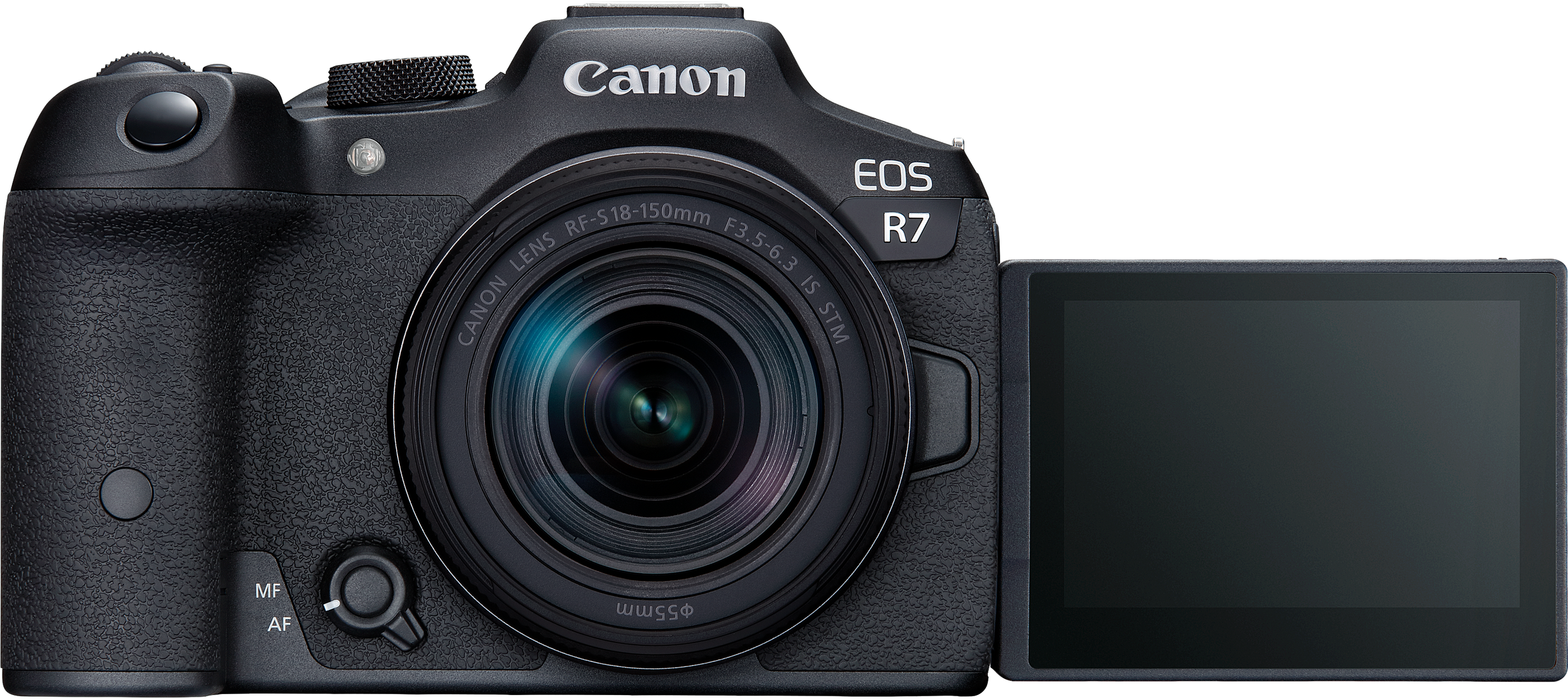 Appareil photo Canon EOS R7 noir avec objectif et écran déployé, sur fond noir.