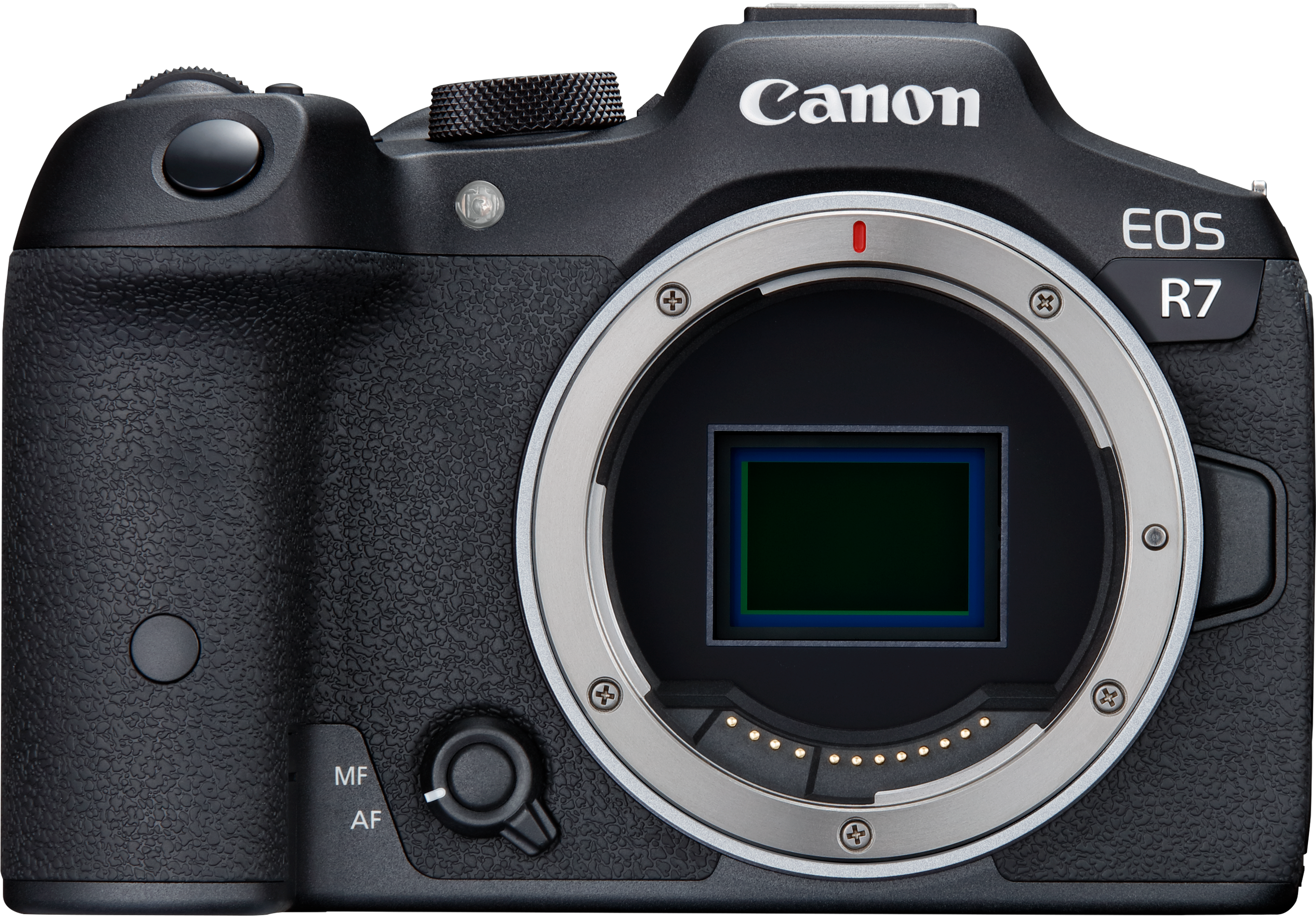 Un appareil photo Canon EOS R7 noir avec une monture d'objectif et le logo Canon en haut.