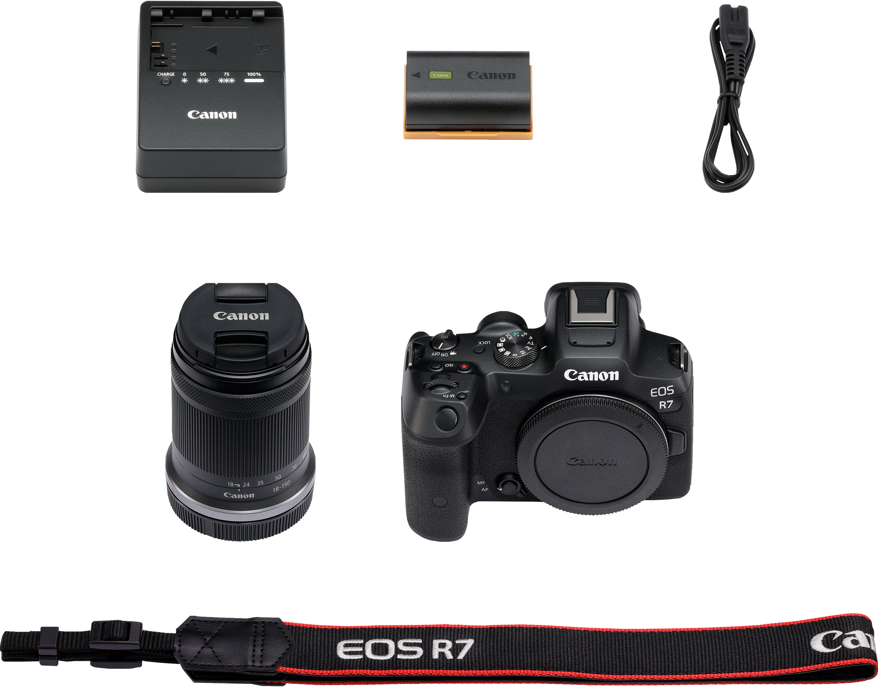 Kit caméra Canon avec chargeur, batterie, objectif, sangle et boîtier sur fond noir.