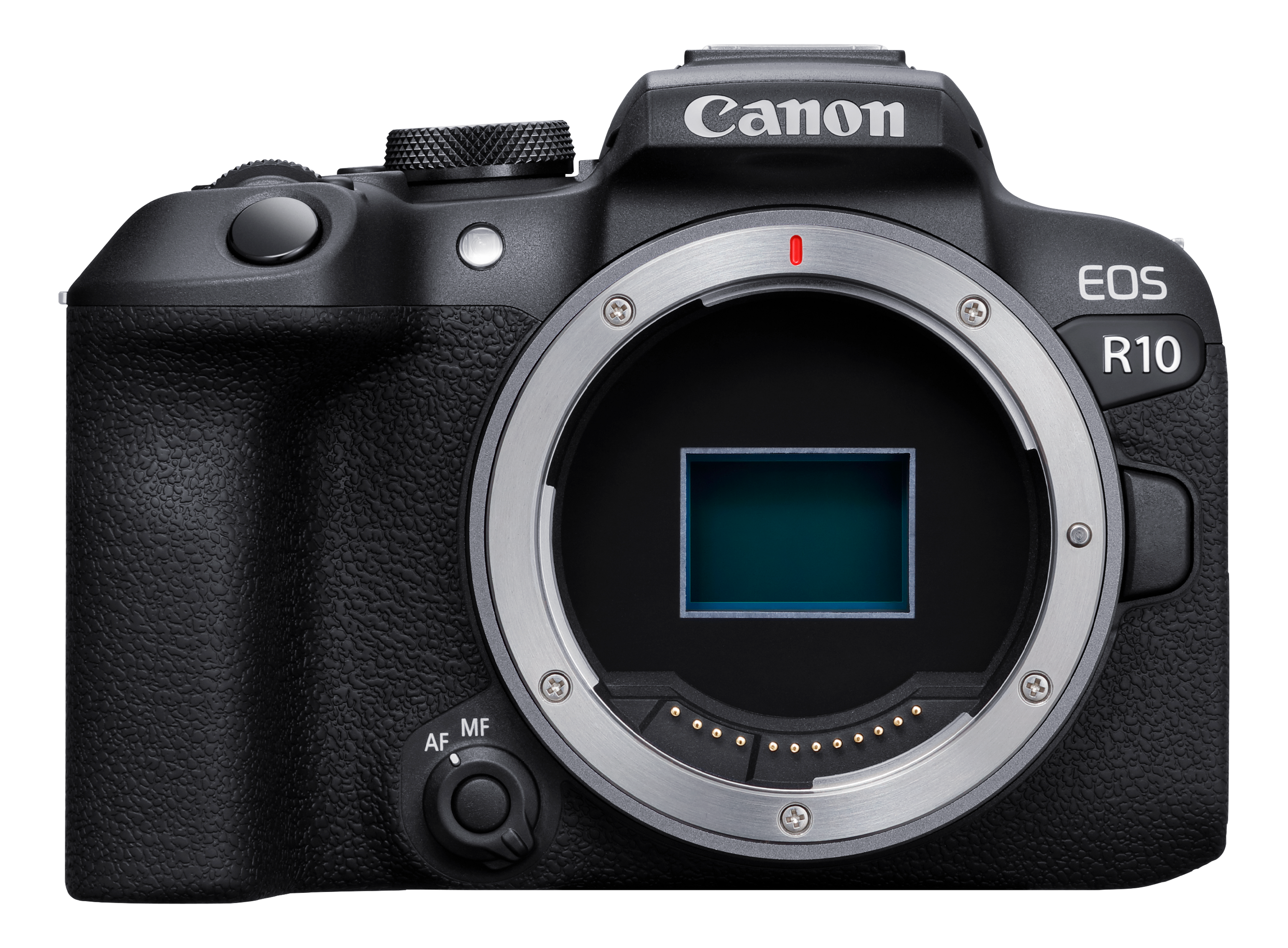 Appareil photo Canon EOS R10 noir. Il a une monture d'objectif, un viseur et divers boutons. La marque est visible.