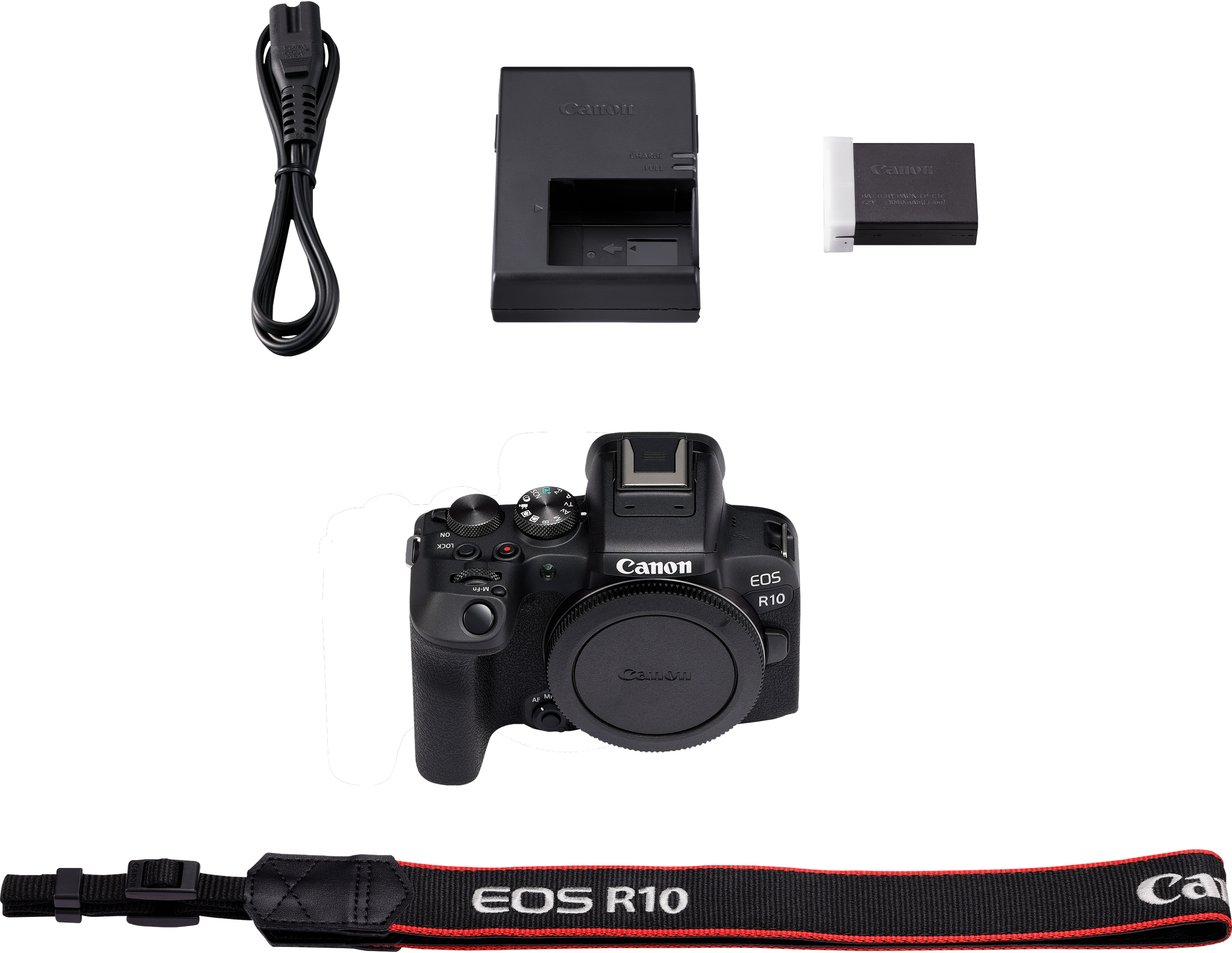 Un appareil photo Canon EOS R10 avec accessoires : chargeur, batterie, sangle et câble d'alimentation sur fond noir.