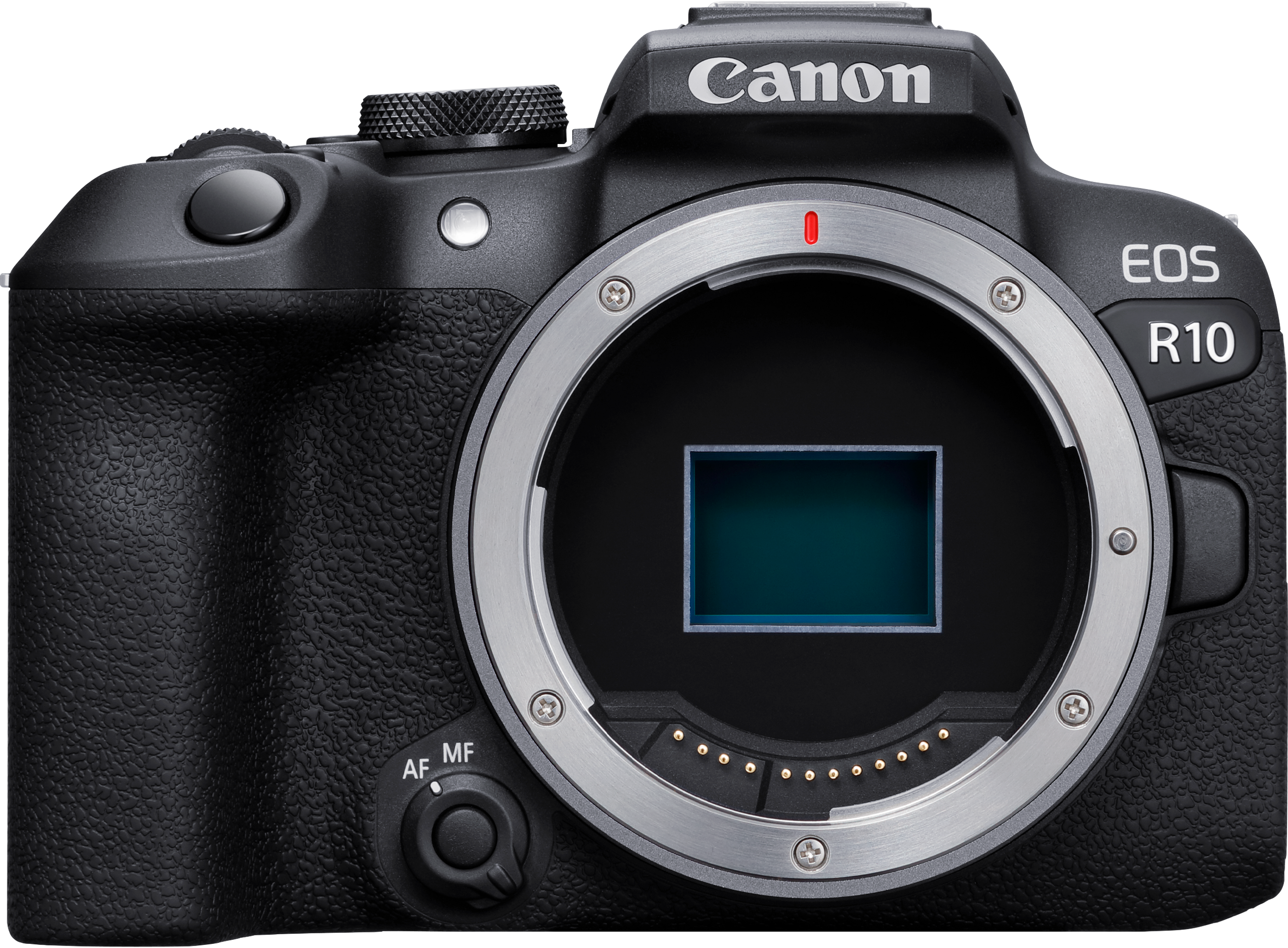 Gros plan sur un appareil photo Canon EOS R10. L'objectif est monté. Le corps est noir.