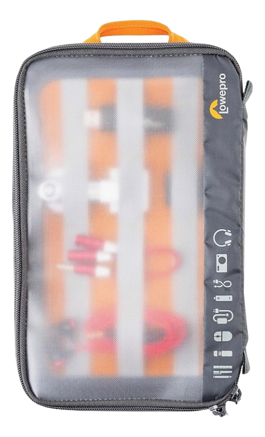 Custodia trasparente con oggetti arancioni all'interno e bordo grigio. Logo Lowepro in alto a destra.