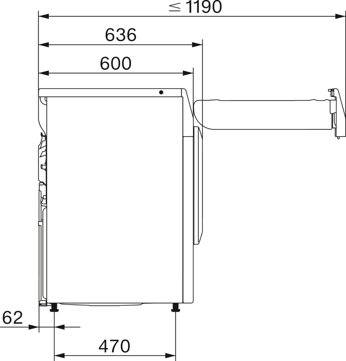 Eine schematische Seitenansicht einer weißen Waschmaschine mit Maßen und Abmessungen in Millimetern.