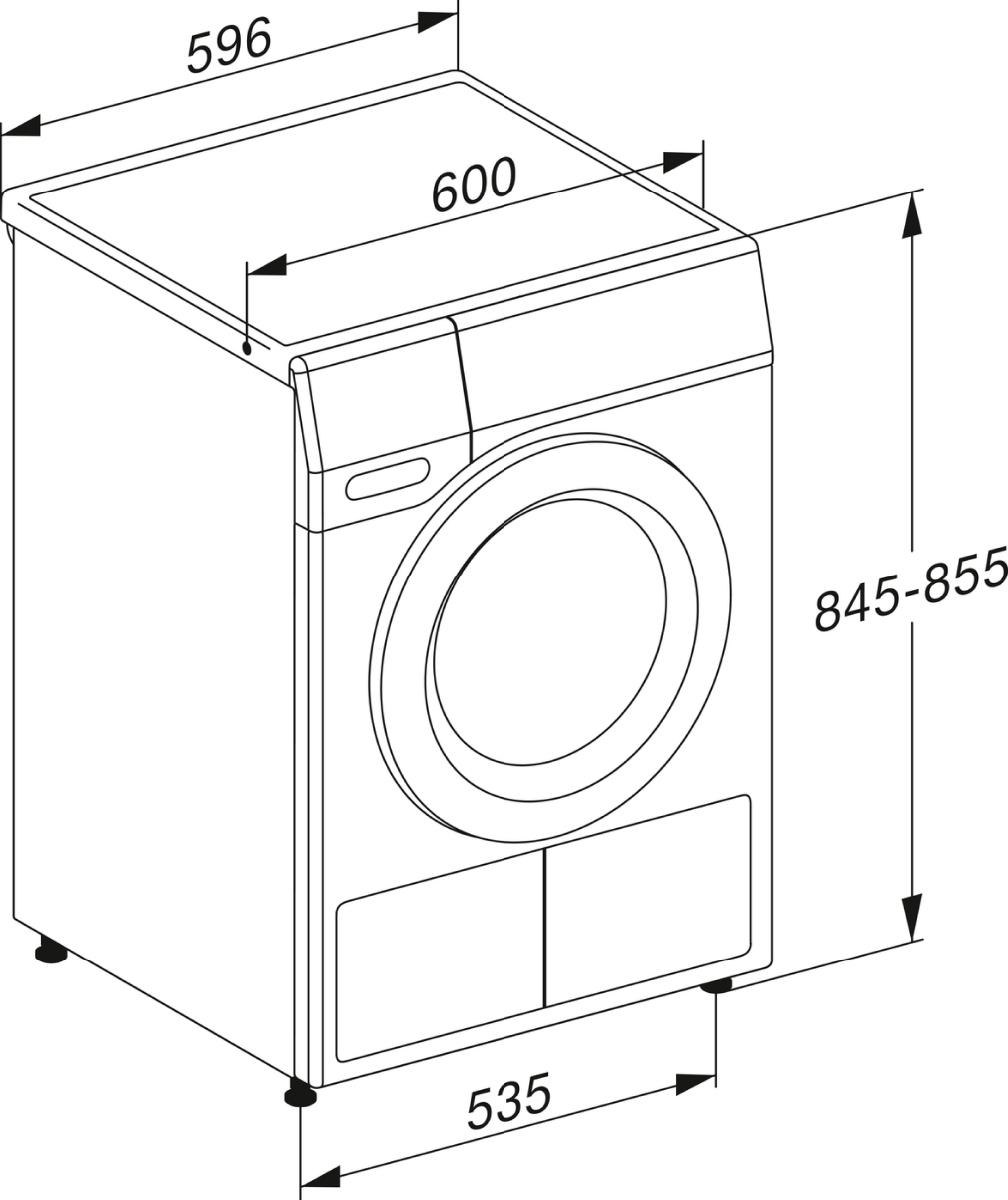 Diagramm einer Waschmaschine, zeigt Abmessungen in cm: 596x600x845-855x535.