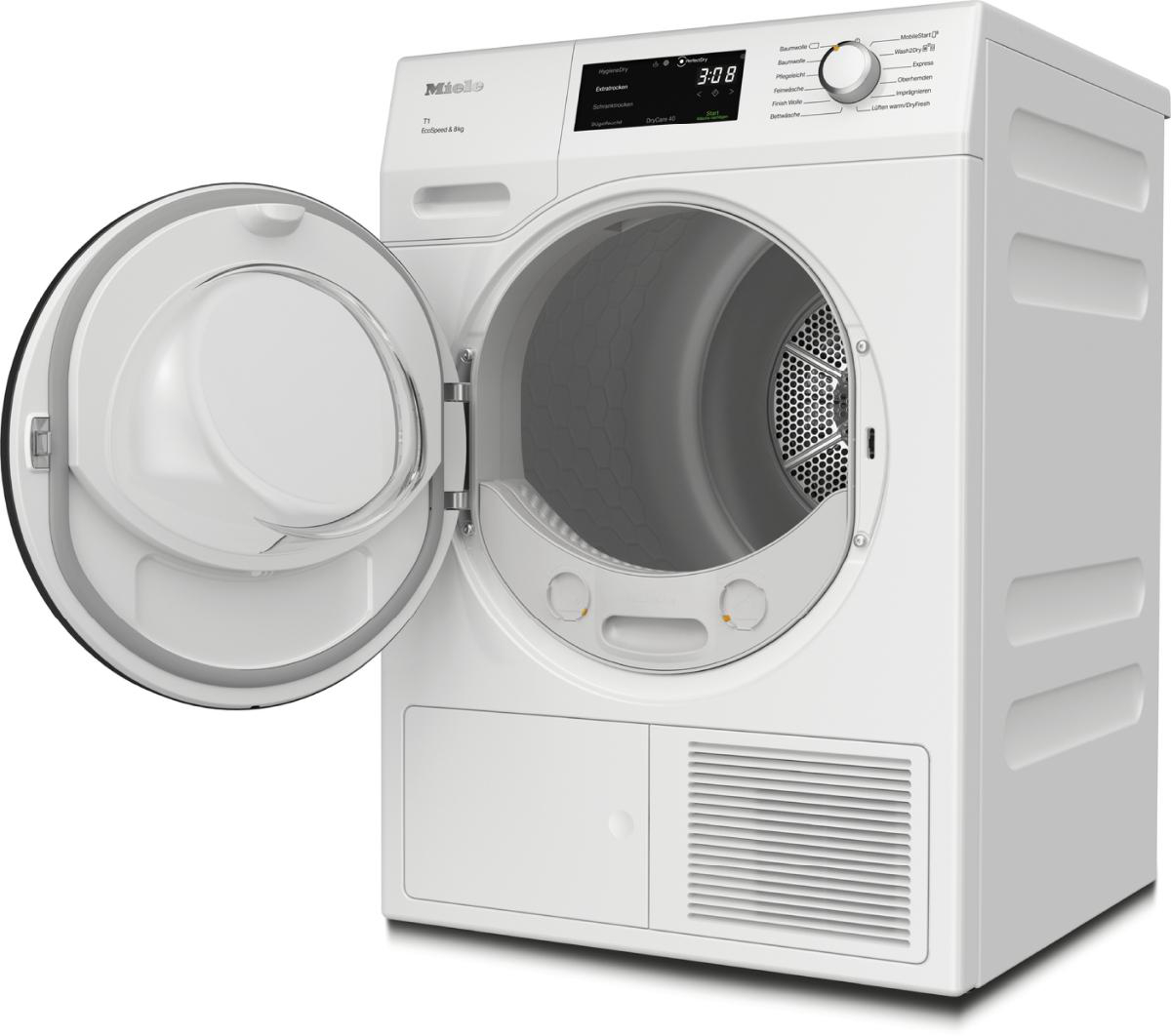 Weiße Miele Waschmaschine mit offener Tür, die Innentrommel zeigend.