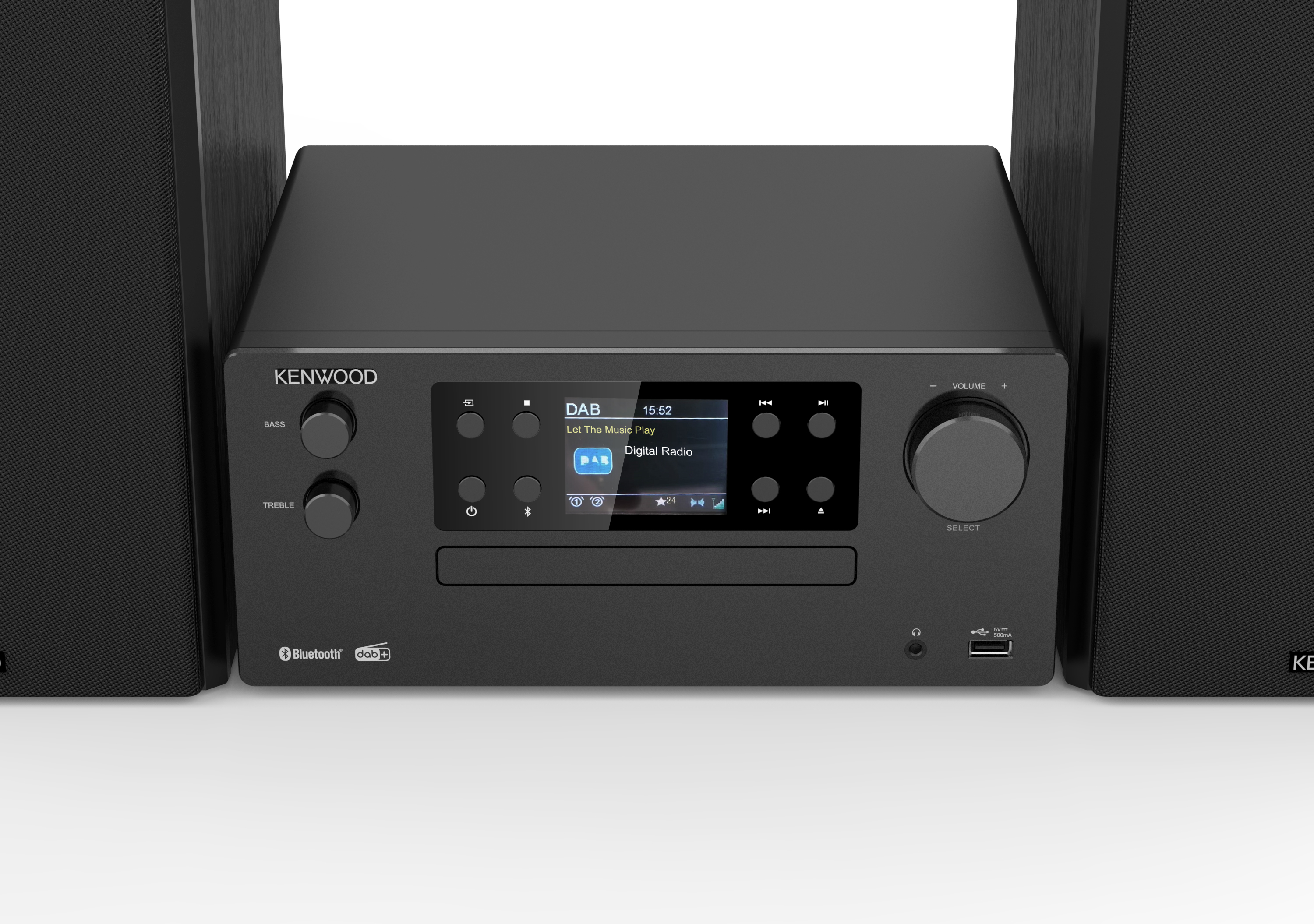 Schwarzes Kenwood-Stereosystem mit Lautsprechern. Zeigt einen Digitalradio-Bildschirm.