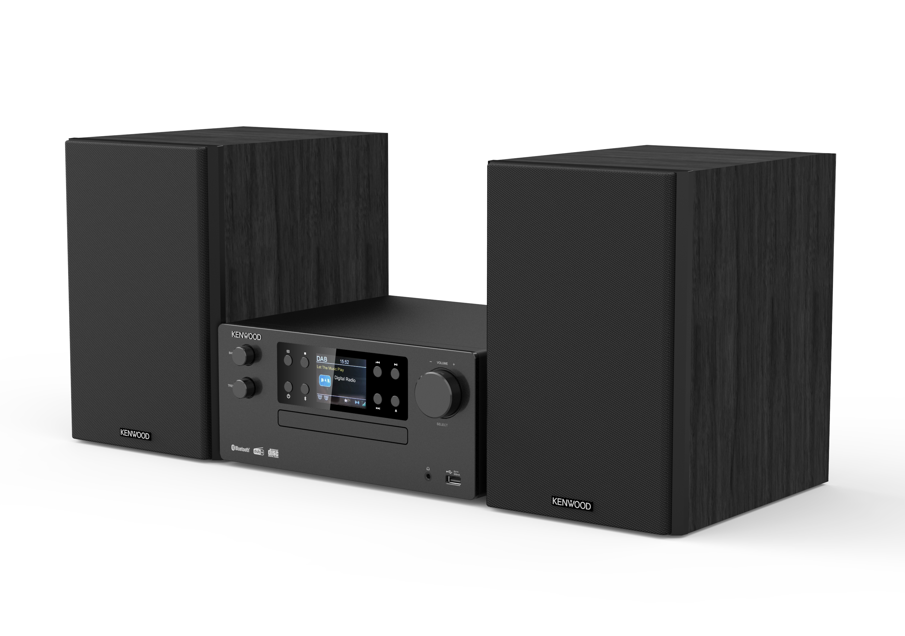 Ein schwarzes Kenwood-Stereosystem mit zwei Lautsprechern und einer zentralen Steuereinheit.