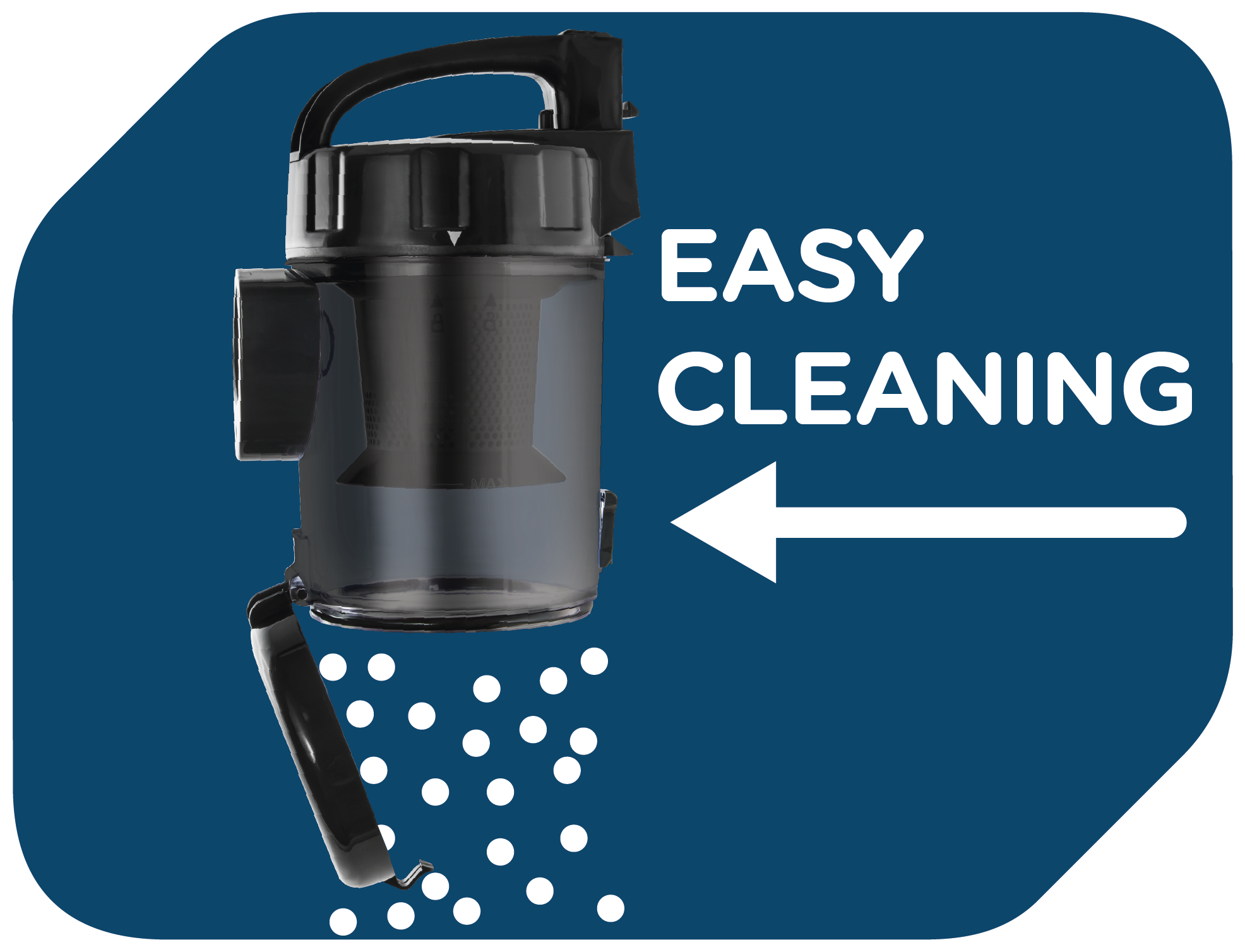 Nahaufnahme der Staubsaugerkomponente. Text: 'Easy Cleaning', zeigt Reinigungsrichtung.