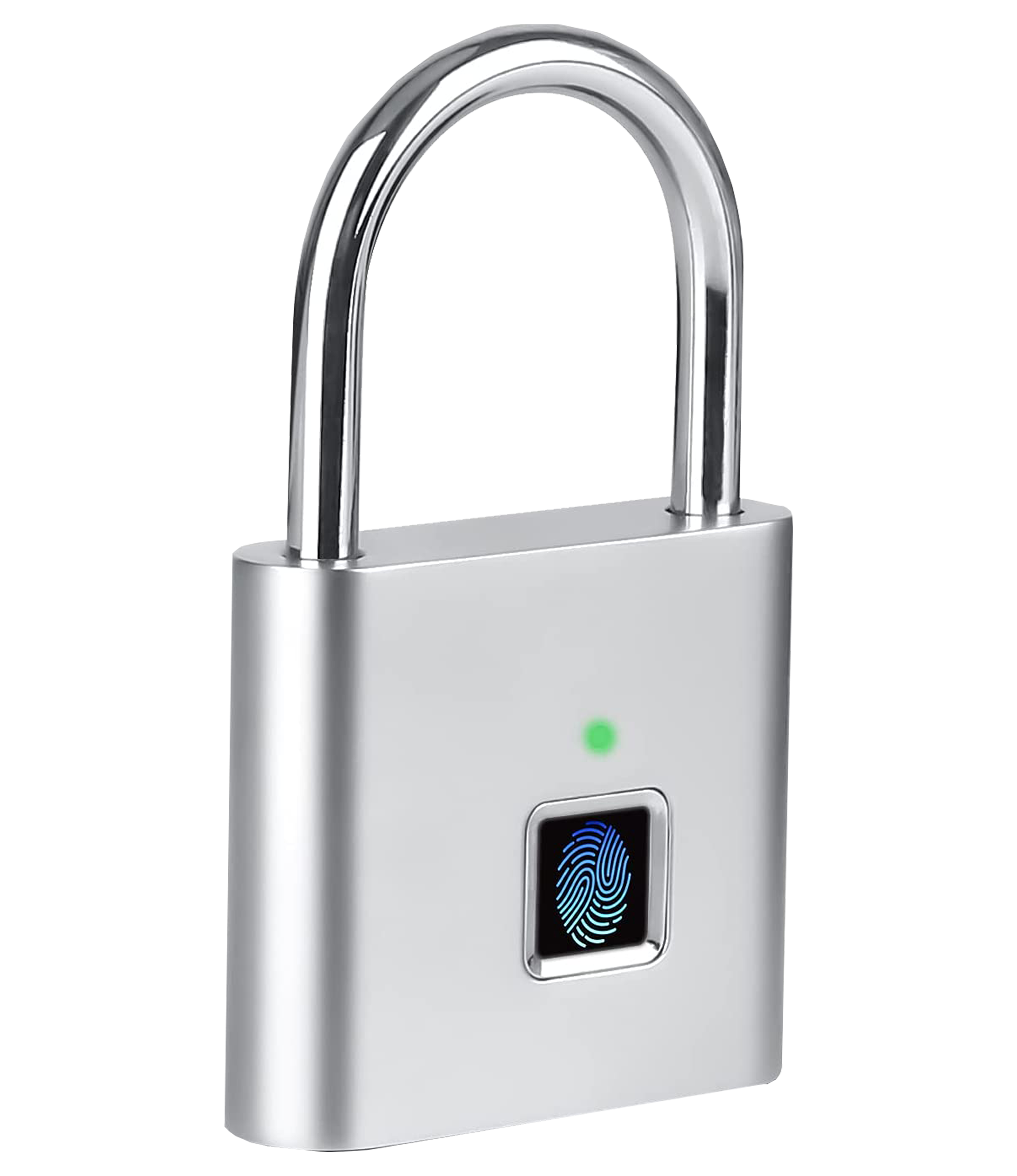 Ein silbernes Vorhängeschloss mit Fingerabdrucksensor. Ein grünes Licht zeigt Entriegelung.