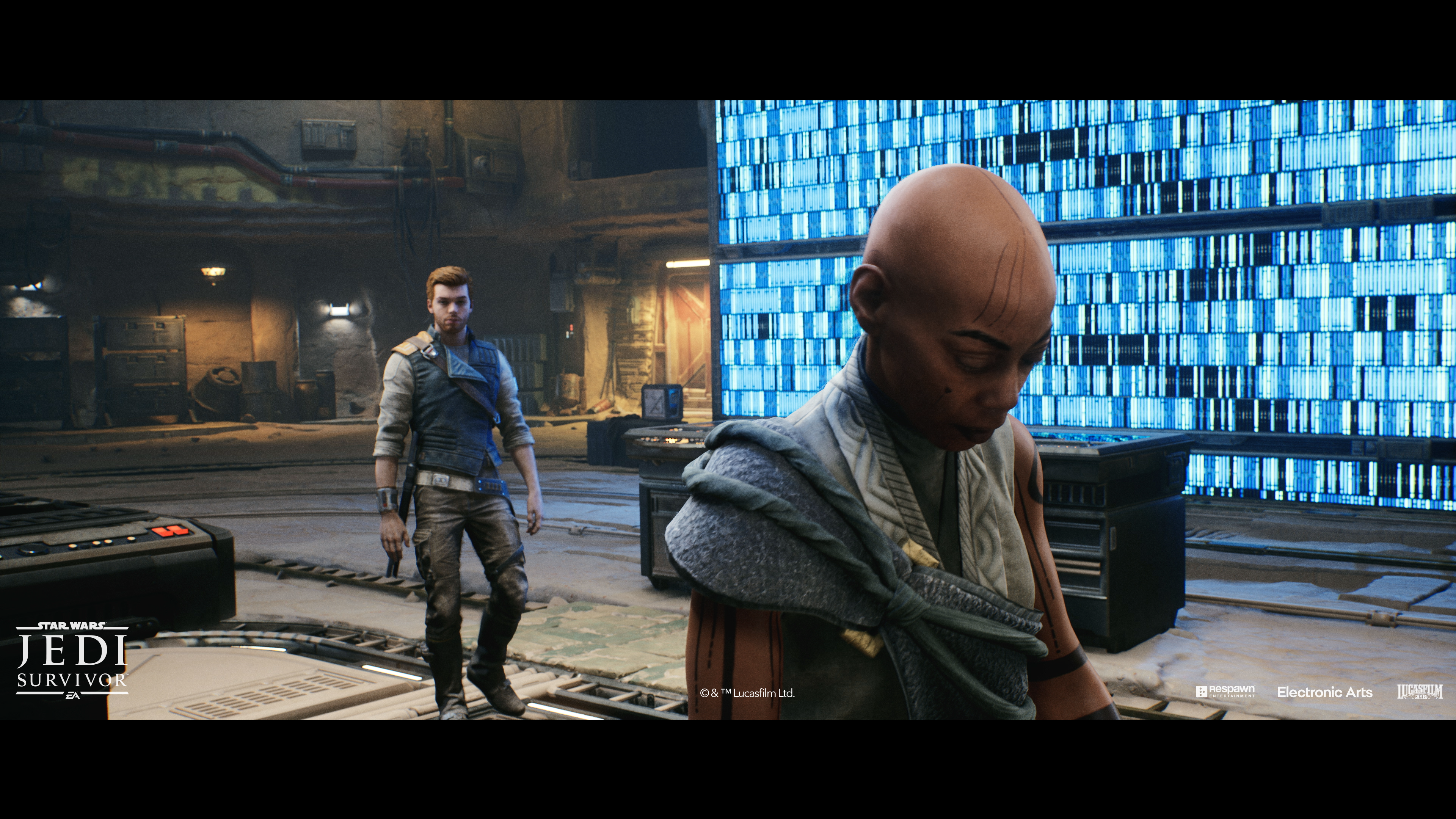 Deux personnages de Star Wars Jedi Survivor. L'un marche, l'autre regarde en bas.