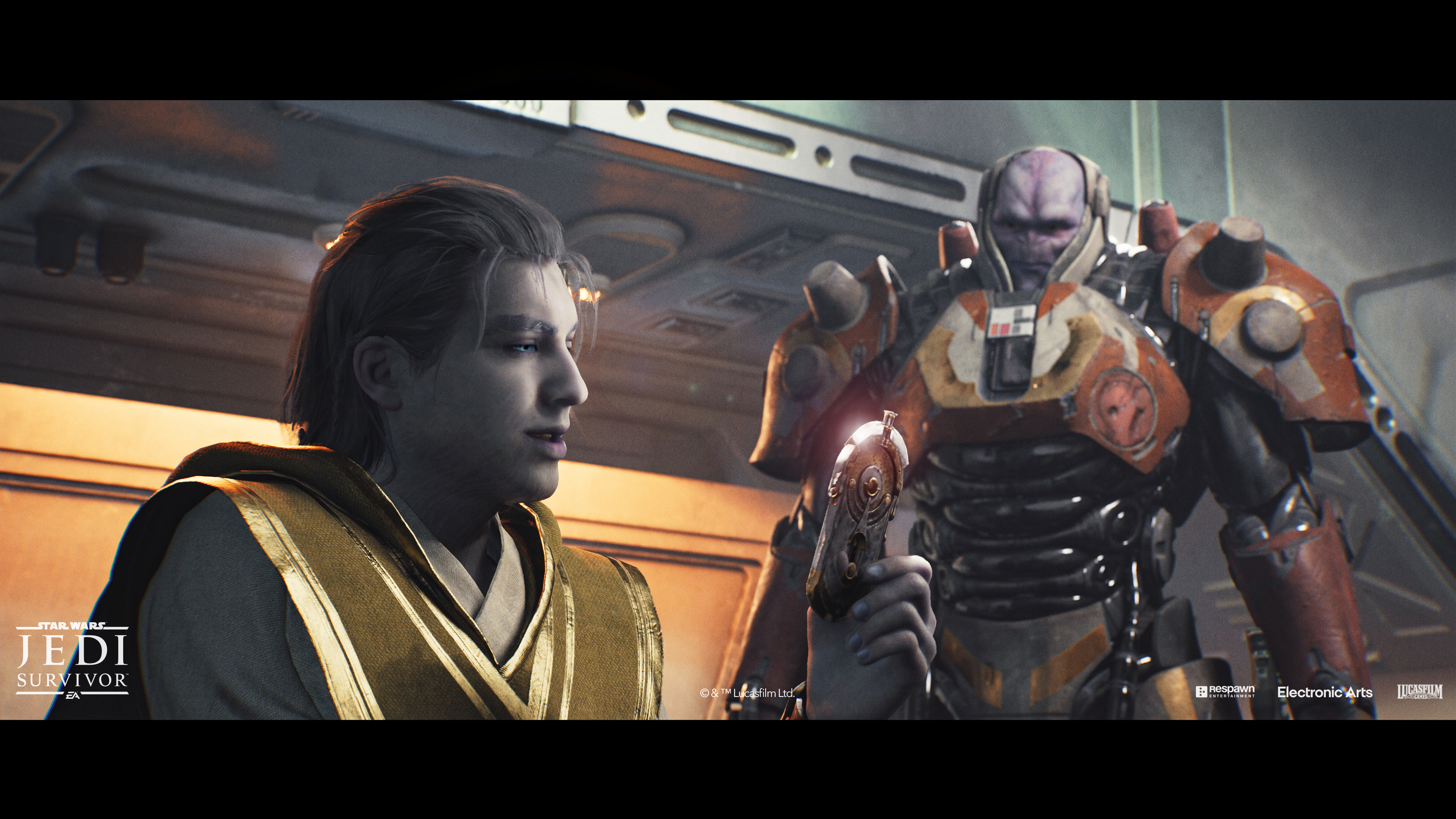 Deux personnages de Star Wars Jedi Survivor, l'un tenant un petit objet.