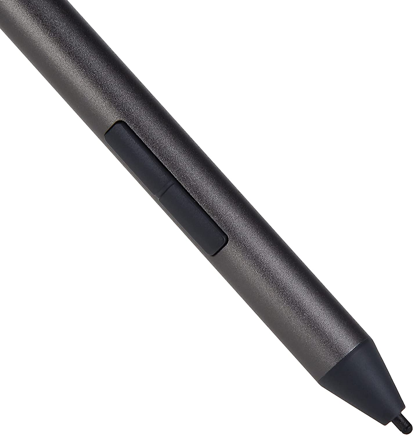 Una penna stilo grigio scuro con un pulsante nero. Anche la punta è nera.