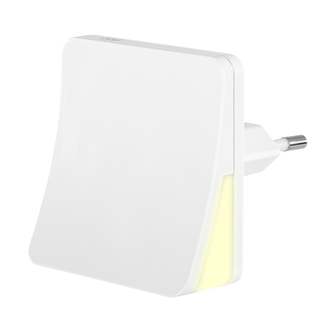 Ein weißer Smart Plug mit gelbem Licht.