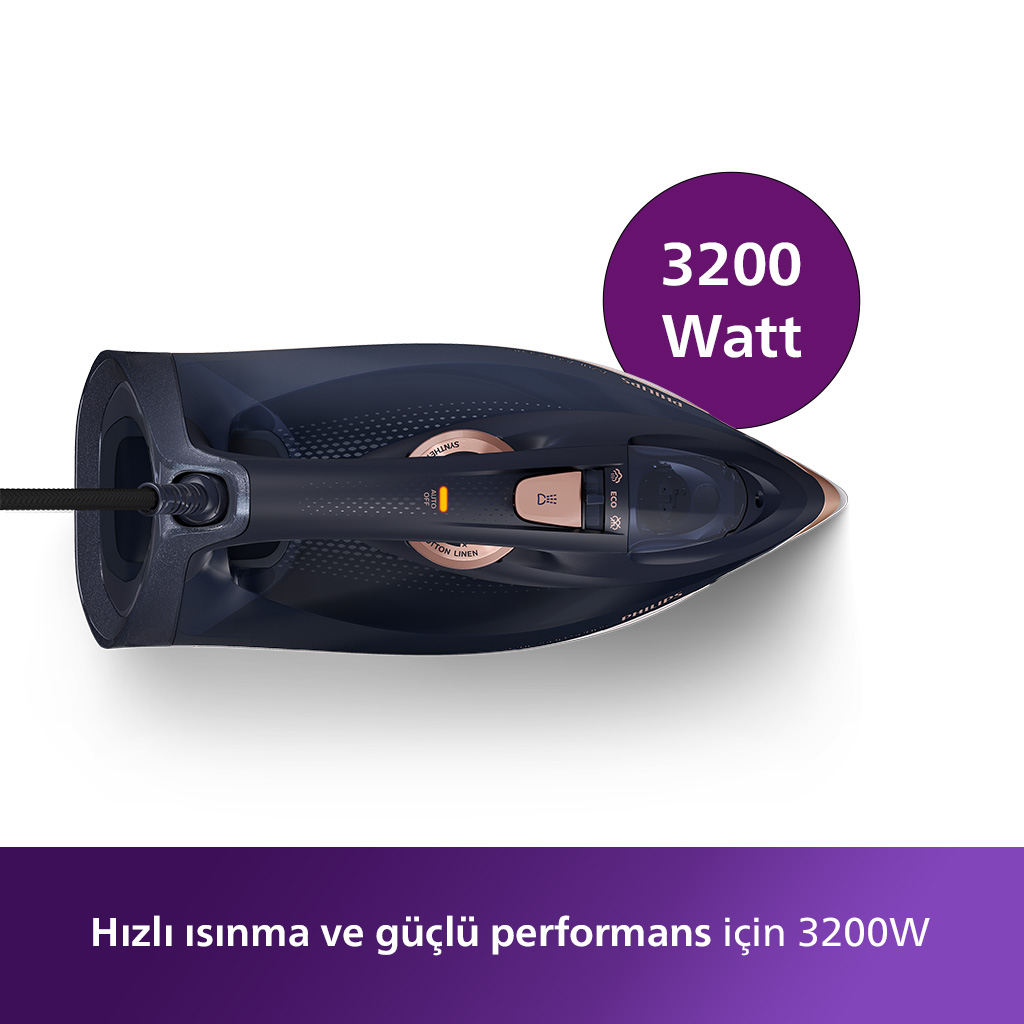 Altın detaylı ve 3200 Watt'ı gösteren mor daireli siyah ütü.