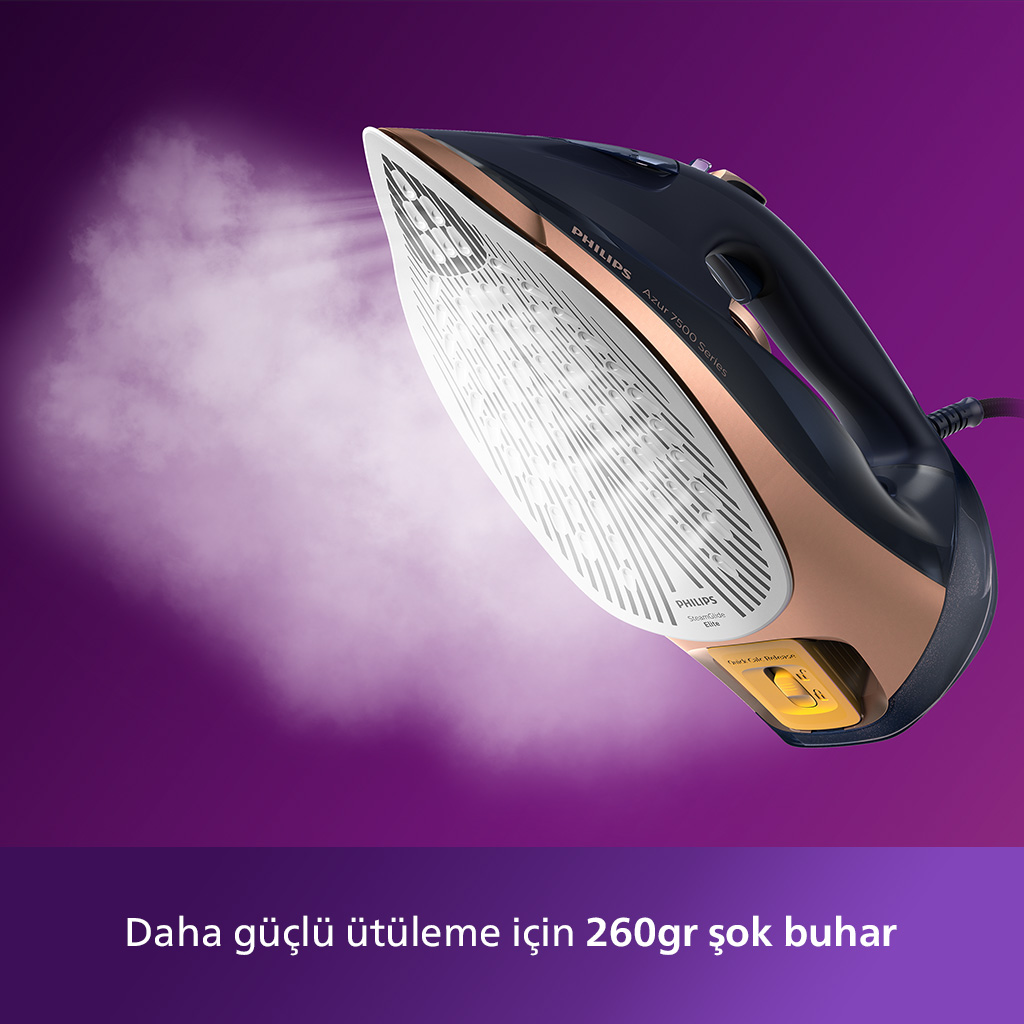 Buharlı ütü. Mor arka plan. Ütünün yakın çekimi. Türkçe metin: 'Daha güçlü ütüleme için'.