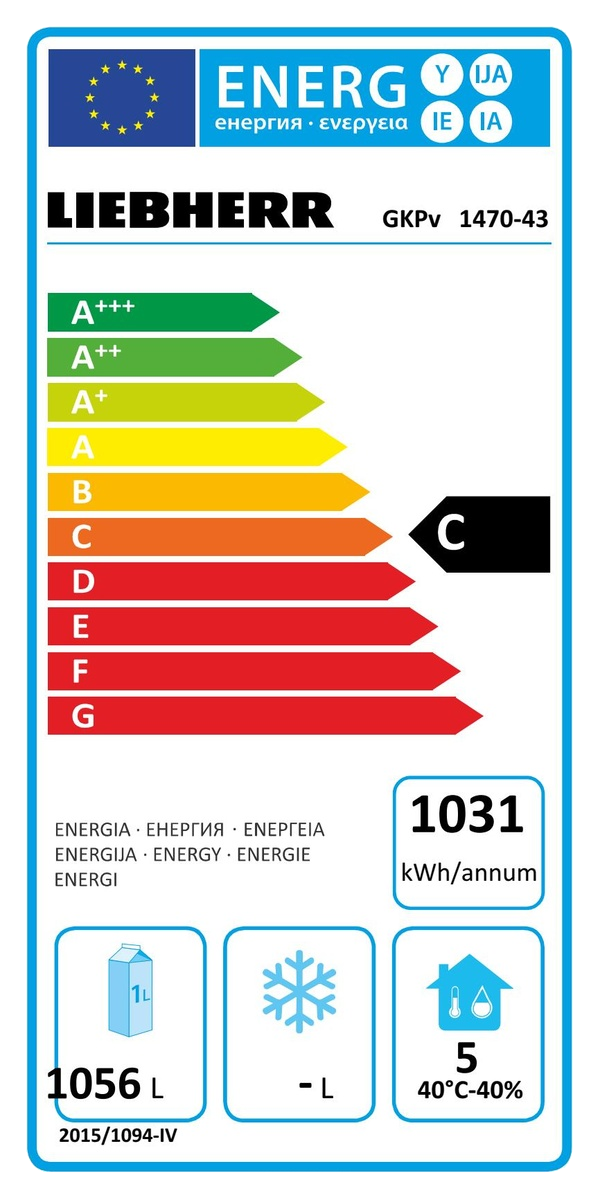 Egy fehér címke energiahatékonysági besorolásokkal, valamint energiafogyasztási és élelmiszer-tárolási ikonokkal.