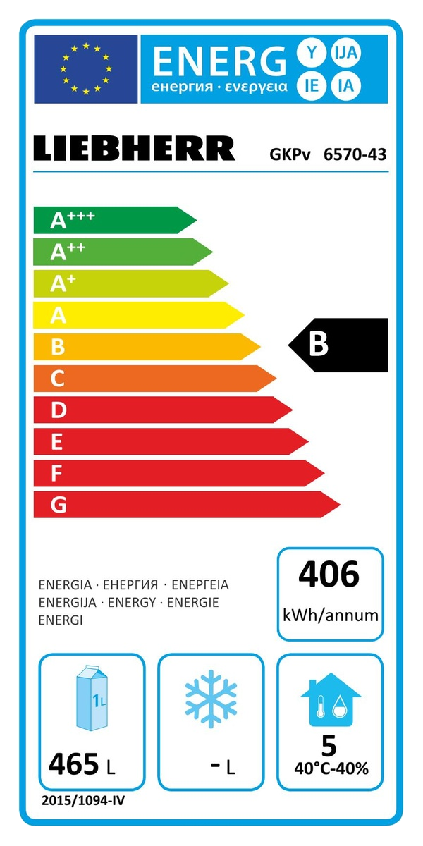 Energia címke Liebherr márkával, B energiahatékonyságot mutat, részletekkel: 406 kWh/év, 465 L.