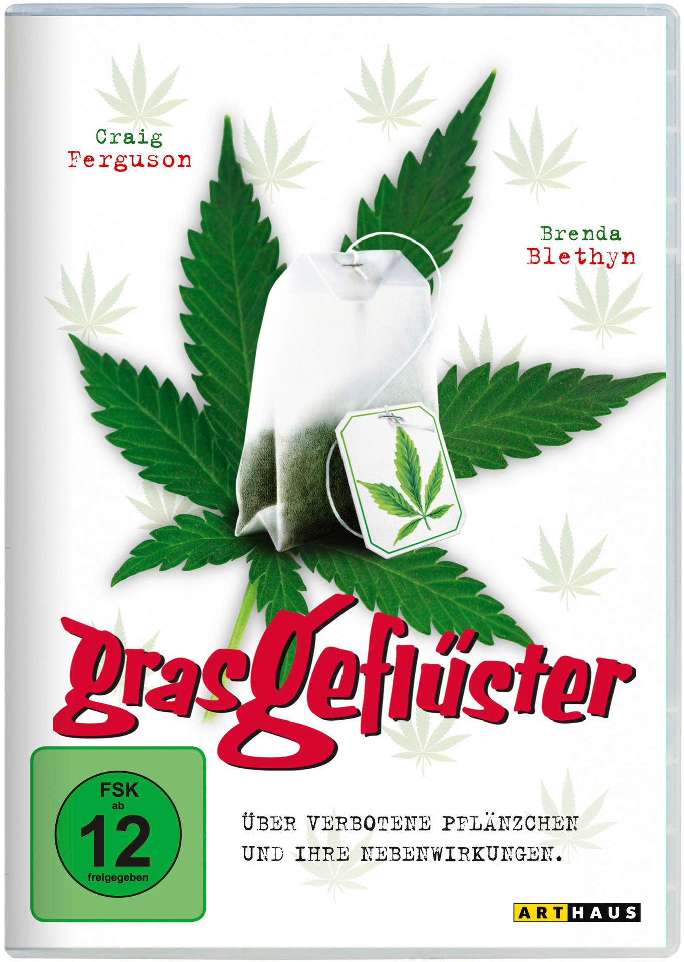 DVD-Cover mit Teebeutel auf Cannabispflanze. Titel: Grasgeflüster.